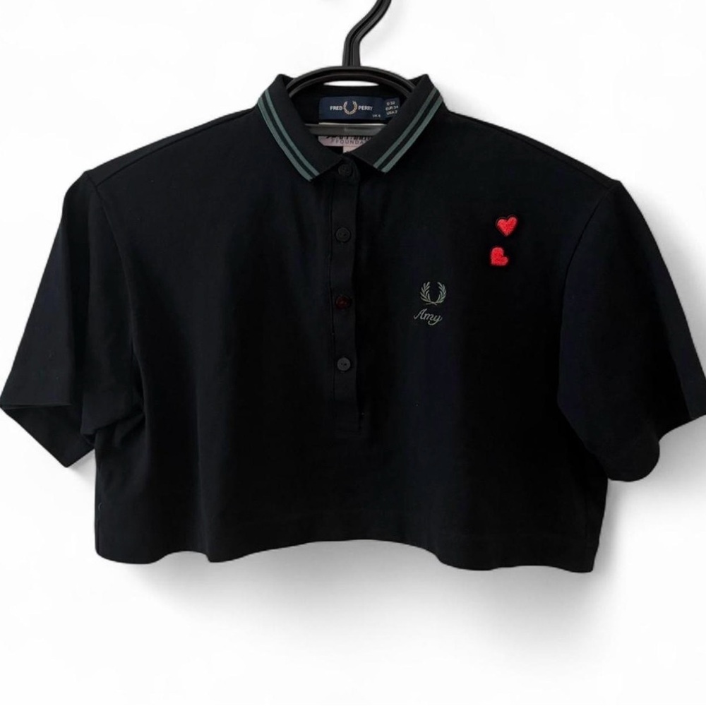 Cropped Polo Shirt with Red Heart Accents